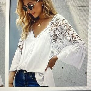 NWOT Sheer Delicate Lace White Crochet V Neck Button Down Bell Sleeve